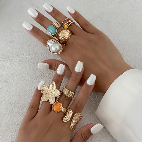 Gold Rings for Women Non Tarnish Stackable Rhinestone Moon Star Rings Dainty Stacking Pearl Butterfly Midi Pinky Thumb Joint Finger Knuckle Ring Set Gold Non Tarnish Jewelry Gifts Trendy Stuff - color: T Chunky Gold Rings 8Pcs