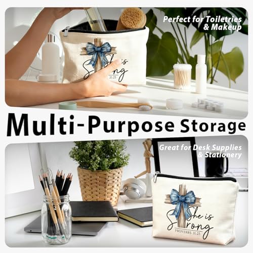 Coquette Blue Bow Christian Makeup Bag, She Is Worthy Blue Girly Cosmetic Bags for Women, Proverbs 31 Woman Gifts, Christian Gifts for Women, Preppy Aesthetic Zipper Makeup Pouch - color: 01- Bible(01)
