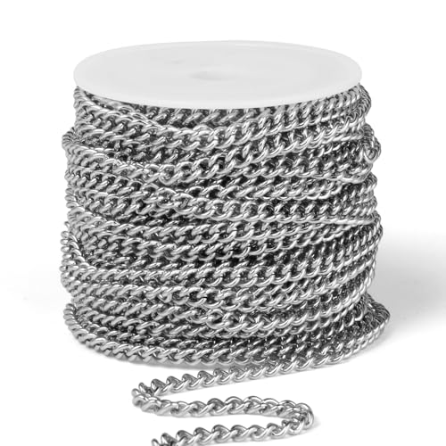 33FT Stainless Steel Curb Chain Roll, 5mm 304 Stainless Steel Flat Twisted Links Curb Chains Bulk Spool for Jewelry Making Necklace DIY Craft - color: Stainless Steel, size: 5.0mm width
