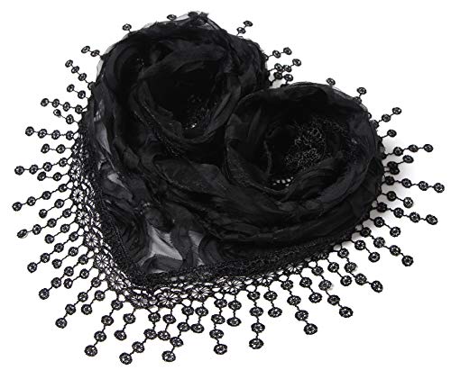 Cindy & Wendy Floral Embroidered Lace Triangle Scarf for Women - color: Black