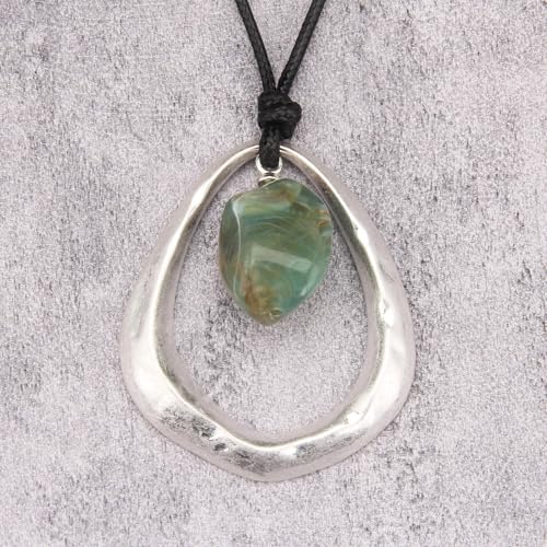 Bohemian Women's Leather Long Pendant Necklace Sweater necklace Adjustable Retro Woven Handmade Jewelry - color: Silver Water Drop Green Stone