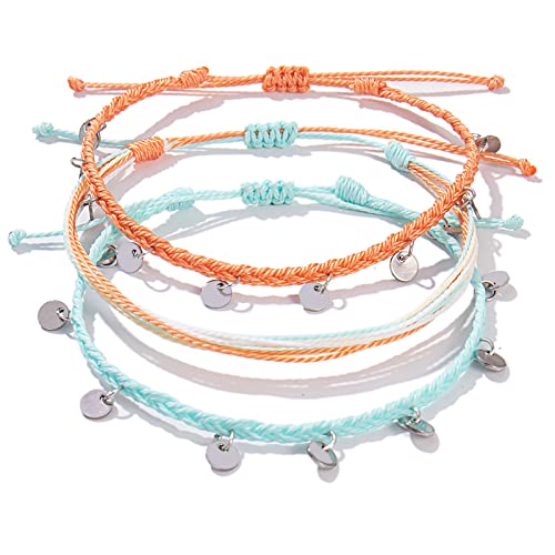 FANCY SHINY String Ankle Bracelets Waterproof Rope Anklets Braided Beach Boho Coin Anklets Cute Friendship Foot Jewelry for Women - style: Coral/Teal