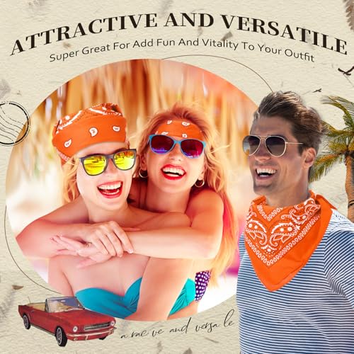 Suhine 12 Pcs Bandanas Bulk for Women Men 22 x 22 Inch Paisley Headband Cowboy Handkerchief Summer Beach Party Costume - color: Deep Orange
