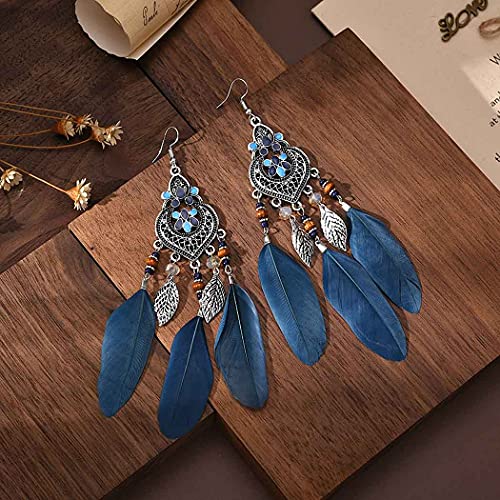 Bohemian Earrings Feather Tassel Silver Ethnic Retro Boho Dangle Earring Bead Women Jewelry for Birthday Party Gifts (Blue) - color: Blue
