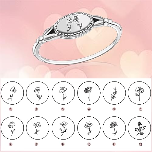 Birth Month Ring for Women Personalized Birthday Flower Signet Rings 925 Sterling Silver Vintage Rings Personalized Gift with Birth Flowers for Mom Daughter Girlfriend Wife Friend - color: 2 flowers