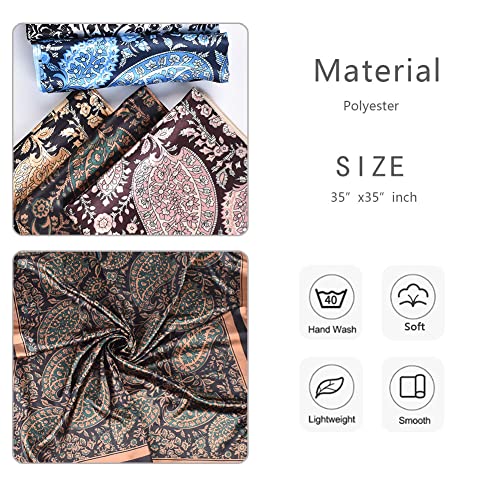 4Pcs Silk Head Scarves for Women Satin Hair Scarf 35”Large Square Bandana Silk Like Neck Scarf Shawl - color: Blue/Coffee/Beige/Black