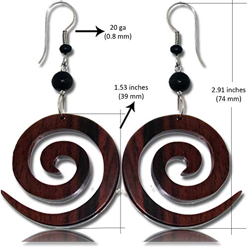 Earth Accessories Organic Wood Dangle Spiral Earrings for Women - Boho Ear Rings or Tribal Earring for African, Hawaiian, Maui, Egyptian, or Indian Looks