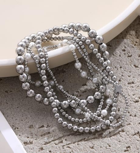Gold Beaded Bracelets for Women, 14K Real Gold Plated Jewelry for Women Dainty Pearl Bead Bracelets Stack, Non Tarnish Trendy Stackable Ball Cross Stretch Bracelet Set Fashion Accessories Gifts - color: Silver cross bead