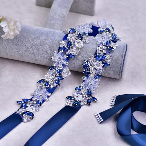 Rhinestone Wedding Bridal Belt for Women Formal Dress Handmade Crystal Beading Wedding Sash Belt - color: Blue