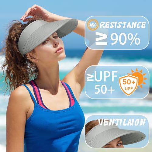 Sun Hats for Women - Wide Brim Sun Visor Hat for Women, UPF50+ Lightweight Foldable Ponytail Sports Cap - color: Grey
