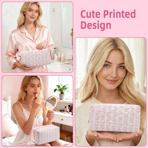 Small Makeup Bag Quilted Cosmetic Bag Floral Travel Toiletry Bags for Women Cute Pencil Case Quilted Makeup Pouch Aesthetic Coquette Cosmetic Pouch Cotton Make Up Bags Cute Zipper Pouches Pink - color: Aa-pink flower