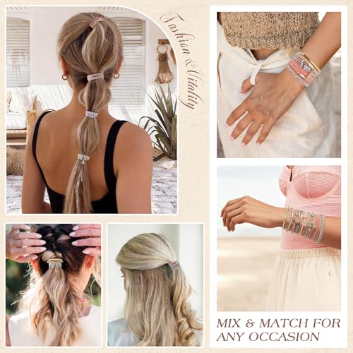 10 PCS Cute Hair Ties Bracelet for Women - 5 Styles Soft Braided Nylon Elastic Hair Bands No Damage Ponytail Holders - Pink Hair Accessories for Thick Thin Curly Hair with Gift Box - color: Pink