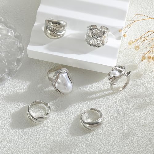Chunky Gold Stackable Rings Set for Women Pearl Flower Rings Sets Dainty Carved Signet Joint Finger Midi Rings Pack Adjustable Chunky Knuckle Ring Statement Stacking Ring Pack - color: D-Silver-6Pcs