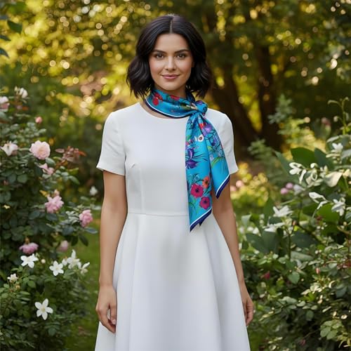 Premium Floral Scarf for Women 35x35 Square Silk Feel-Lightweight Scarves Headscarf Bandanas Wrapping Handbag - color: Blue Blossom