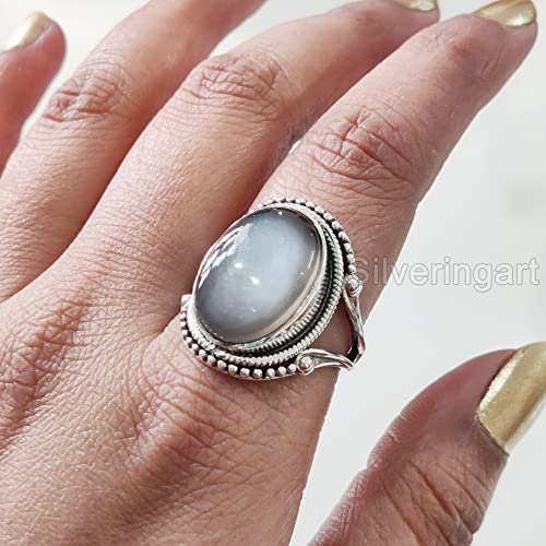 Natural Gray Moonstone Ring, Woman's Gray Moonstone Ring, June Birthstone, Bohemian Band, 925 Sterling Silver, Womens Ring, Christmas, Thanksgiving, Handmade, Statement Jewelry, Natural Gemstone Ring