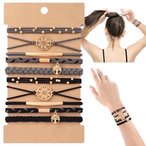DIYDEC 10PCS Hair Ties Bracelet for Women 5 Styles Soft Braided Boho Hair Bands Elastic No Damage Hair Ties for Girls thick Thin Long Curly Hair Accessories(Black and Grey) - color: Black and Grey