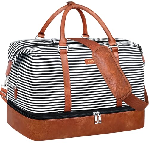 IBFUN Weekender Bags for Women, 21" Weekender Travel Bag, Travel Duffle Bag with Shoe Compartment Carry on Overnight Duffel Bag for Weekend Travel Business Trip - color: C1-Black Strip