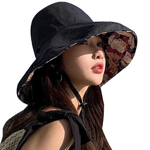 HUAMULAN Women Summer Sun Hat Wide Brim Wired Edge Floral Beach Bucket Hats Reversible Foldable Travel UV Protection Lady Hat - color: M1744-black