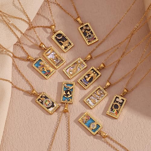 ORIGENCE 18k Gold Plated Tarot Cards Pendant Necklace - Vintage Colorful Charm Necklace Lucky Talisman Hypoallergenic for Women and Men Gift - style: The Moon-New