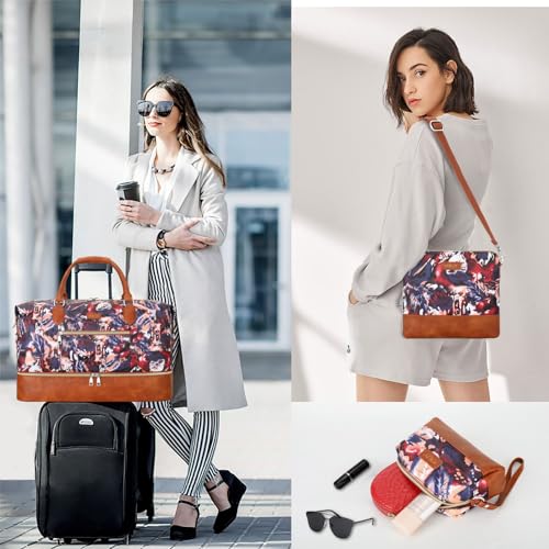 ITIEZY Weekender Overnight Bag for Women - Large Travel Duffel Bag with Shoe Compartment, Gym Duffel Bag Hospital Bag Carry On Tote Bags for Airplanes with Crossbody Bag Toiletry Bag 3Pcs Set - color: 8-Purple Leaf