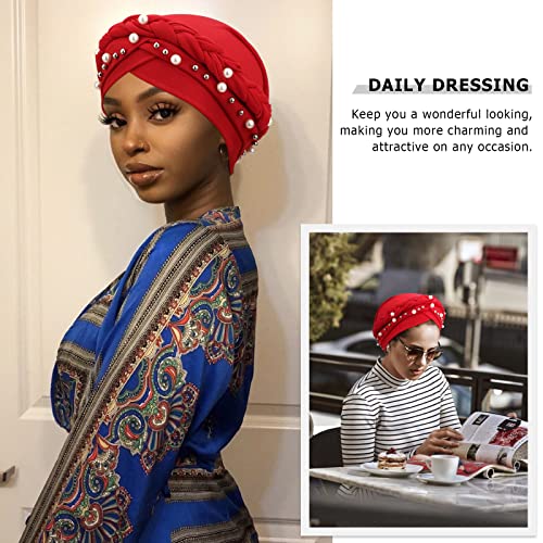 African Women Turban Caps Pre-Tied Twisted Turbans Head Scarf for Women Hair Wraps Cover Beanie Cancer Chemo Headwear - color: 1 Pack Twisted Braid: Pearls Dark Red