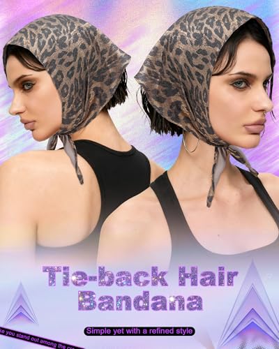 Punk Triangle Head Scarf with Metal Charms - Y2K Sparkly Bandana for Women | Vintage Neck Scarf for Festival Party Concert - color: Khaki Leopard