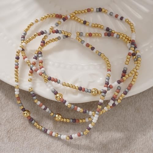 Boho 4Pcs Stack Colorful Small Seed Beaded Bracelets Set for Women, Cute Handmade Dainty Trendy Gold Plated Stretch Accessories Thin Glass Jewelry, Summer Daily Party Friendship Gift - color: Purple Gray