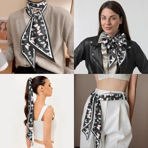 Head Hair Scarf Neck Silk Feeling Scarves Long Thin Satin Fashion Handbag Cute Decoration Women Girls 59 * 6.7'' - color: O-21-pink Butterfly