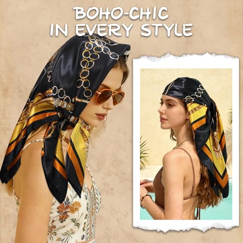 Large Square Head Scarf Bandana - 35" Satin Hair Scarf for Women Like Silk Scarf Fashion Hair Wrapping - color: Chain Loop(black), size: 35IN*35IN