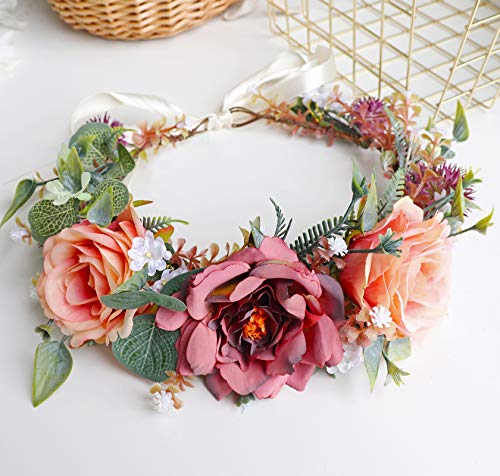 Vivivalue Boho Flower Crown Rose Floral Headband Hair Wreath Flower Headpiece Halo with Ribbon Wedding Party Photos - color: 88