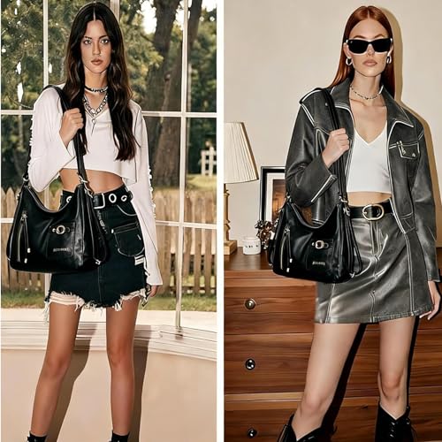 Y2K Trendy Purse for Women, Leather Buckle Punk Hobo Clutch Purses Bags for Ladies Top Handle Shoulder Bag - color: Bigblack