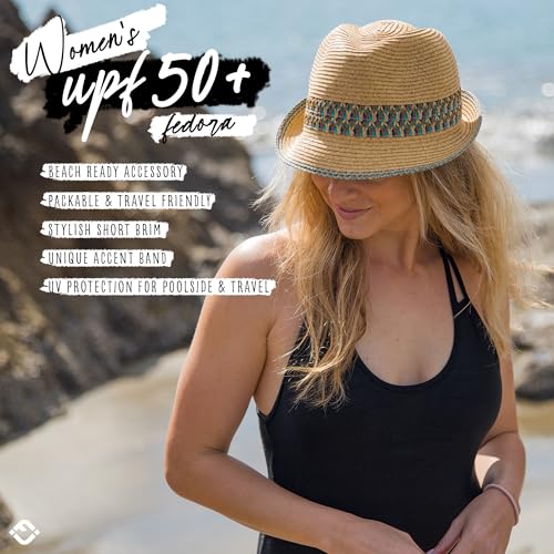 Funky Junque Straw Fedora Hats for Women - UPF 50+ Sun Hat, Short Brim Packable Beach Hat with Woven Pattern - color: 1 - Blue