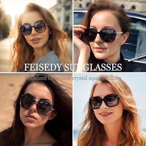 FEISEDY Polarized Women Square Sunglasses Sparkling Composite Shiny Frame B2289 - color: 2 Black/Fade Smoke