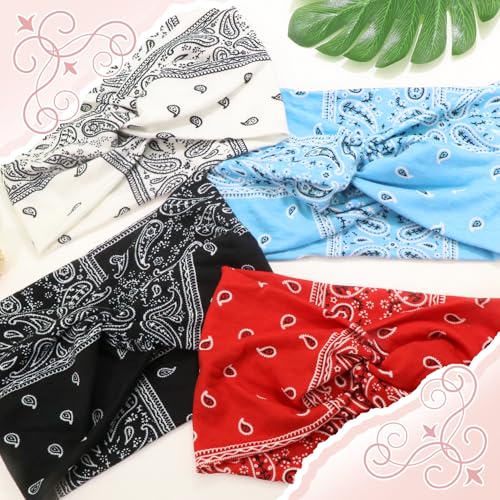 Boho Bandana Headband For Women Wide Headbands Paisley Criss Cross Turban Head Wraps Non Slip Hair Scarf Head Bands Cute Hairband Fashion Hair Accessories For Girls Teens 4 Pack - color: Style 134