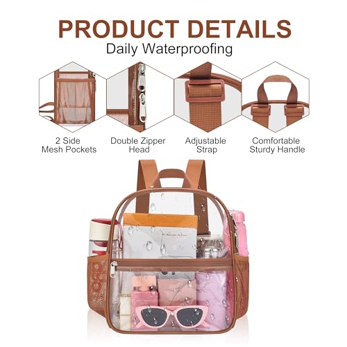 Oraben Clear Backpack Stadium Approved, 12 x 6 x 11 in, Small Transparent Backpack for Concerts, Sports Events, Festivals, Travel, Waterproof PVC, Adjustable Straps, Women Men - color: Coffee Brown, style: Nylon Shoulder Straps
