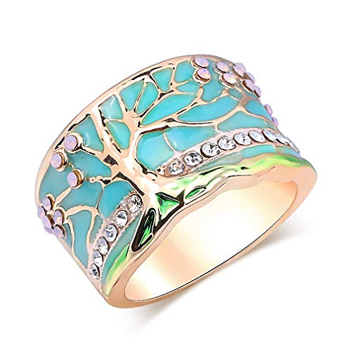 Lucky Flower Tree Rings Gold Pink Opal Green Enamel Wide Ring for Woman Party Crystal Vintage Jewelry