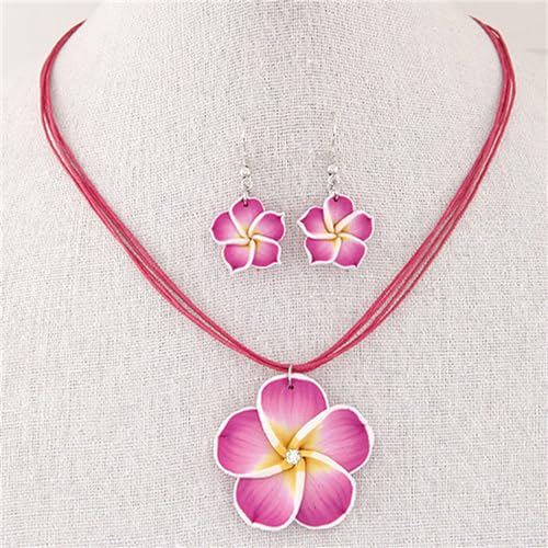 Dreuyet Colorful Plumeria Rubra Necklace Earrings Set for Women Elegant Hawaiian Style Flower Necklaces Bohemia Tropical Flower Dangle Earrings Luau Beach Party Accessories - color: roes red