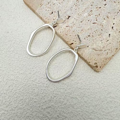Stud Earrings for Women 14k Gold Plated Geometric Dangle Earrings Lightweight Minimalist Handmade Hammered Texture Oval Disc Drop Double-layer Big Hoop Dangle Earrings for Women - color: Hoop Dangle Silver