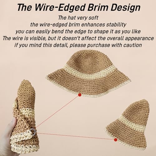 Floppy Big Beach Straw Hats for Women Foldable Summer Wide Brim Packable Sun Hat Womens Travel Straw Fedora Hat - color: Khaki-beige