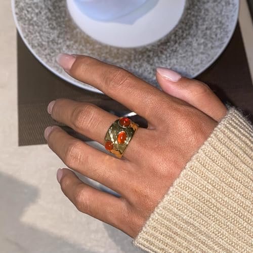 Boho Red Heart Gold Band Rings Pearl Ring, Dainty Adjustable Statement Rings, Open Wrap Stackable Finger Ring Gold Fashion Jewelry Gifts for Women - color: Gold Solid Ring - Red Heart