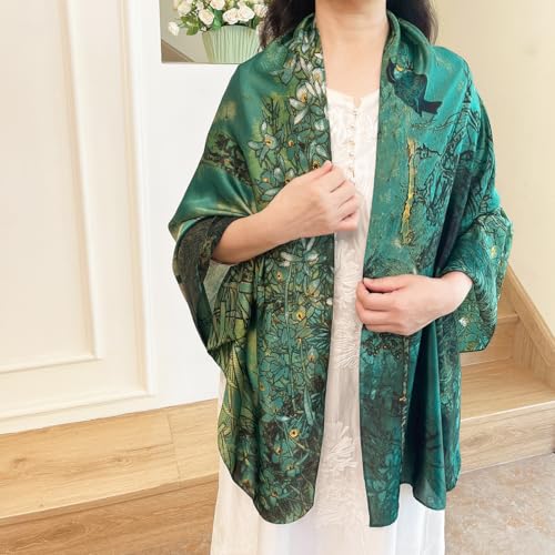 Long Silk Like Scarf Lightweight Satin Scarves Large Sunscreen Shawl Wrap for Women - color: 010.birds Green