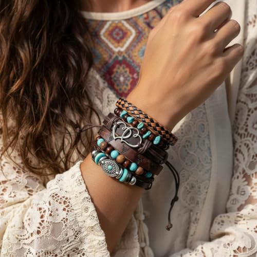 Turquoise Leather Western Bracelets for Women Men Bohemian Retro Turquoise Wrap Bracelets Exquisite Layered Stacked Cowboy Cowgirl Bracelet Western Country Concert Outfits Leather Cuff Bracelet for Women - style: Heart