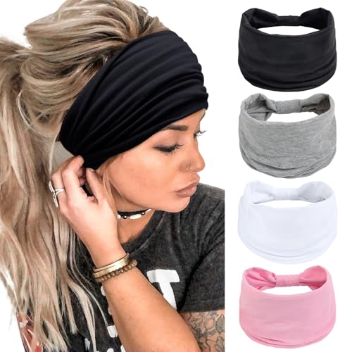 Huachi 4 Packs Wide Headbands for Women Pink Stylish Head Wraps Summer Boho Thick Hairbands Large African Sport Yoga Turban Headband Hair Accessories, Solid Color - color: Headbands 7