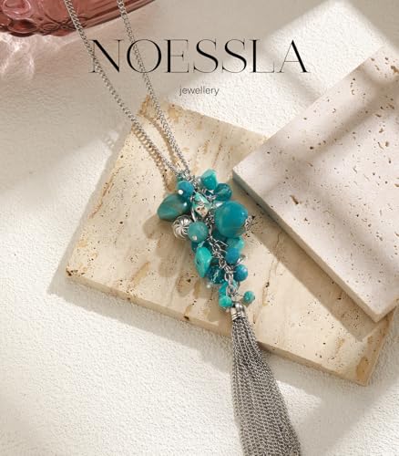 Noessla Boho Long Pendant Necklaces for Women Silver Tassel Long Necklace Sweater Chain Mothers Day Gifts Silver Costume Jewelry for Women - color: Turquoise