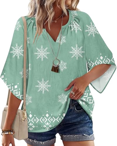 Zeagoo Womens Tops 3/4 Sleeve V Neck Bohemian Blouses Casual Loose Fit Tunic Boho Shirts Floral Printed Clothes - color: Light Green Mz915, size: Large