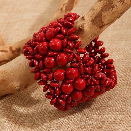 Boho Wide Chunky Colorful Wooden Thick Shell Elastic Stretch Bracelet Handmade Bohemia Summer Beach Vacation Adjustable Lightweight Wood Wristband Jewelry for Women - color: red