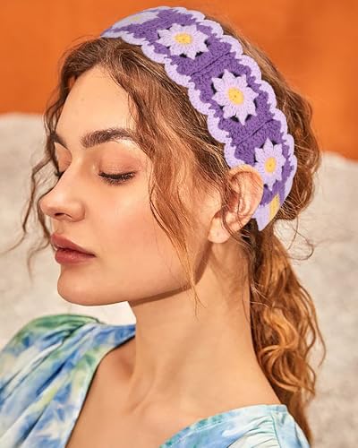 HAIMEIKANG Hippie Hair Bandanas Headbands for Women Boho Headband Knit Hair Bands Floral Head Wrap for Girls(Purple+Green+Blue) - color: Purple+Green+Blue