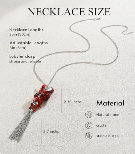 Noessla Boho Long Pendant Necklaces for Women Silver Tassel Long Necklace Sweater Chain Mothers Day Gifts Silver Costume Jewelry for Women - color: Red