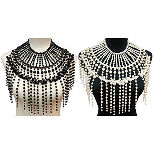Pearl Shawl Layered Jewelry Shoulder Body Chain Harness Pearl Beaded Necklace Collar - color: Black