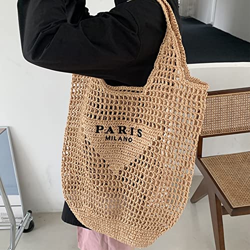 POOOPSSD New Woven Bag, Straw Mesh Tote Bag, Beach, Shoulder Bag, Hobo Women, Foldable Large Capacity, for Holiday. - color: Khaki